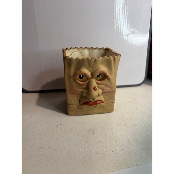Other - Vintage Ceramic Grumpy Face Paper Bag Planter Pencil Holder Kitsch Decor